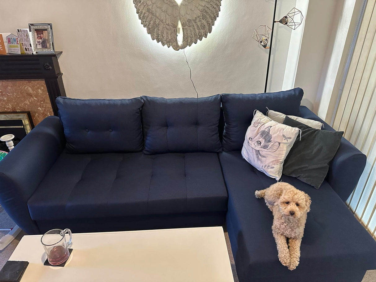 CORNER SOFA BED PALMO 2X STORAGE SPACE BLUE MALMO 79 240cm universal RIGHT/LEFT CORNER / BONELL SPRINGS + FOAMVIEW ALL COLORS CLICK HERE﻿THIS MODEL IS UNIVERSAL WHICH MEANS YOU CAN CHOOSE CORNER SIDE DURING ASSEMBLYMADE IN MALMO FABRIC CLICK HERE3x PILLOW