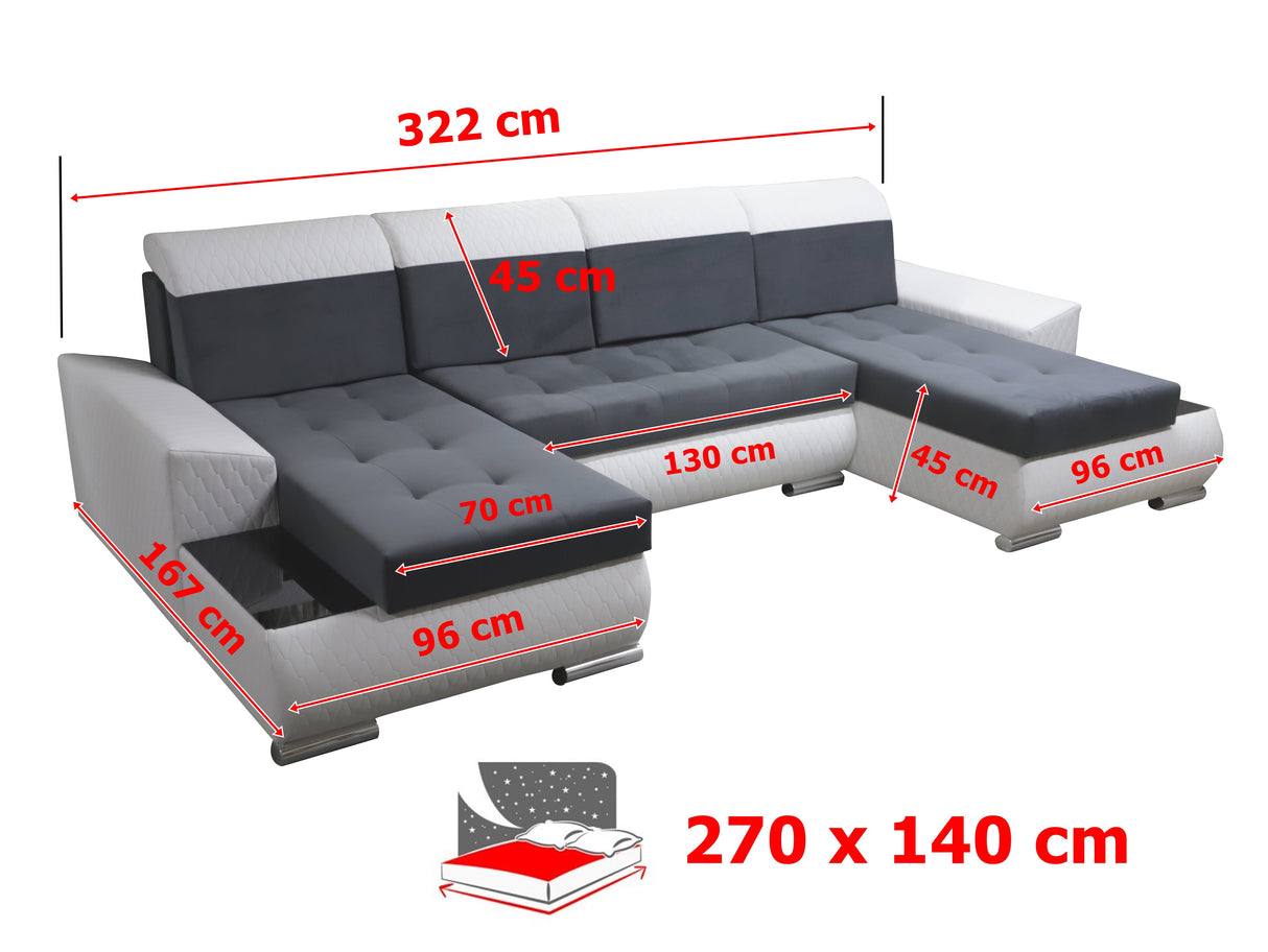 CORNER SOFA BED LONDON U SHAPE 2313/1115/60 322CM 3X STORAGE SPACE STAIN RESISTANT EASY CLEAN FABRIC / BONELL SPRINGS + FOAMFABRIC:CASABLANCA + FAUX LEATHERFEATURES:3X STORAGE CONTAINERS2XGLASS SHELFSTAIN RESISTANT FABRICBONELL SPRINGS + FOAMCASABLANCAIs