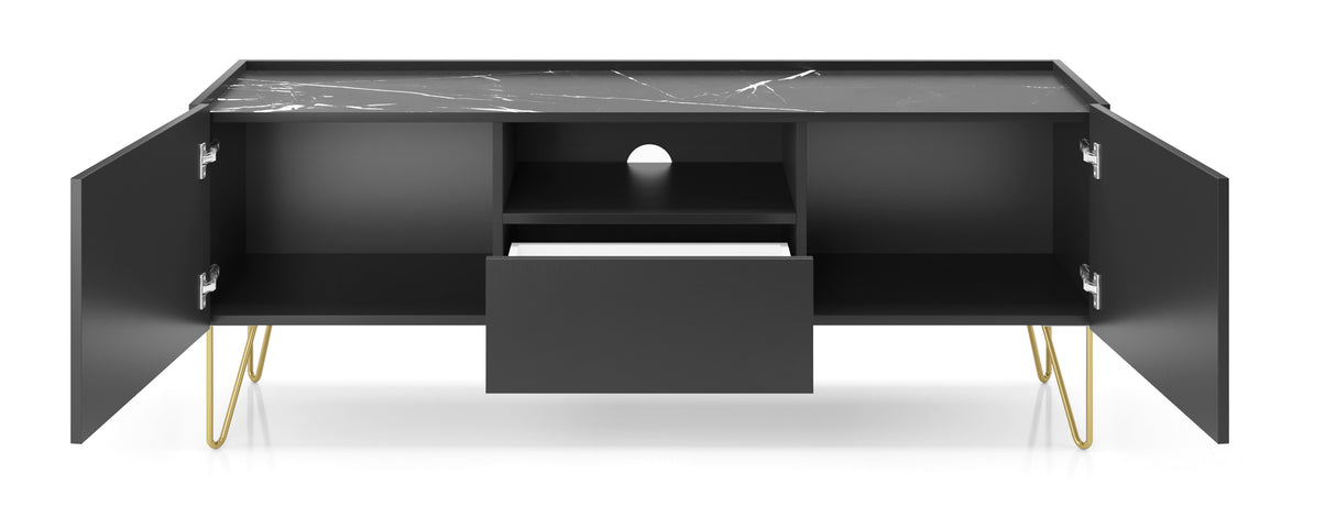 HARMONY TV STAND 01 black / black marbleTV Stand HARMONY 01 (144/55/37) ColourBlack / Black marble + Golden MaterialLaminated board 16mm VeneerEdging ABS Metal Legs PUSH-TO-OPENUncategorizedAnna Furniture