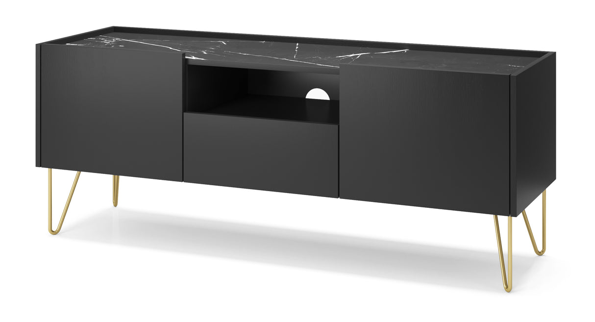 HARMONY TV STAND 01 black / black marbleTV Stand HARMONY 01 (144/55/37) ColourBlack / Black marble + Golden MaterialLaminated board 16mm VeneerEdging ABS Metal Legs PUSH-TO-OPENUncategorizedAnna Furniture