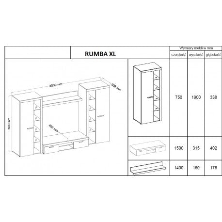 TV WALL UNIT ROMA XL CONCRETE GREY/WHITEDimensions: 3000 x 1900 x 402mm (W x H x D)Number of packages: 4Front:- 15mm Light Concrete laminated board- melamine edge- handle: 128mm plasticCorps:- 15mm white laminated board- melamine edge- MDF strip 18mm / 16