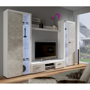 TV WALL UNIT ROMA XL CONCRETE GREY/WHITEDimensions: 3000 x 1900 x 402mm (W x H x D)Number of packages: 4Front:- 15mm Light Concrete laminated board- melamine edge- handle: 128mm plasticCorps:- 15mm white laminated board- melamine edge- MDF strip 18mm / 16