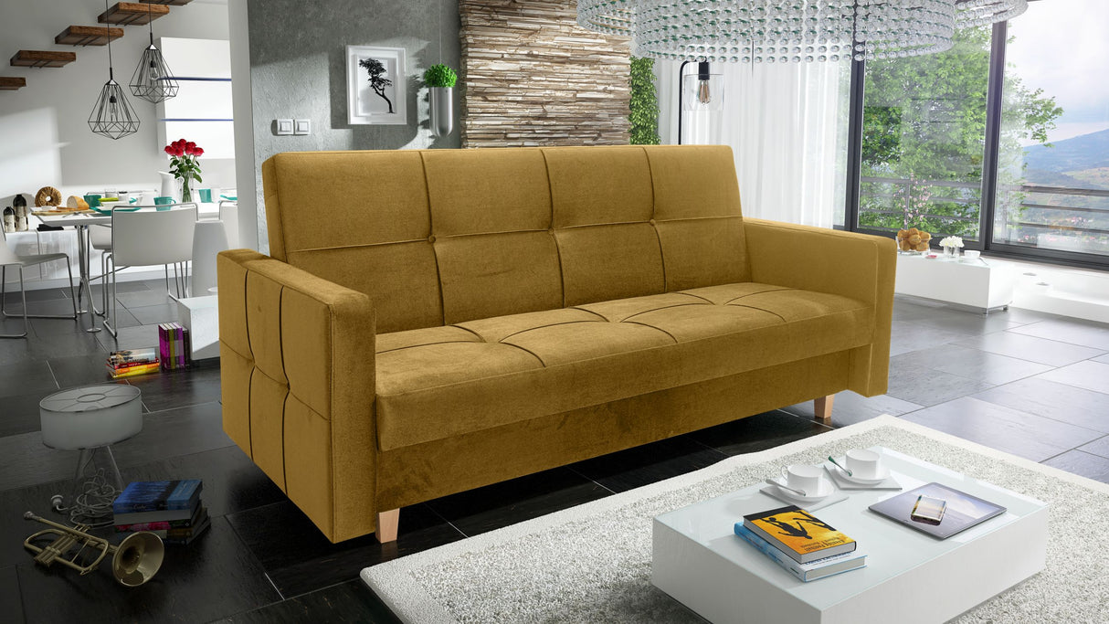 SOFA BED COSMO 210cm KRONOS 01 / SPRINGS + FOAMSofa dimensions: sleeping area 120/187 cm width 210 cm depth 90 cm height to the seat 43 cm height of the legs 9 cm* dimensions are given with a tolerance of +/- 3 cmThe sleeping area is entirely made of spri