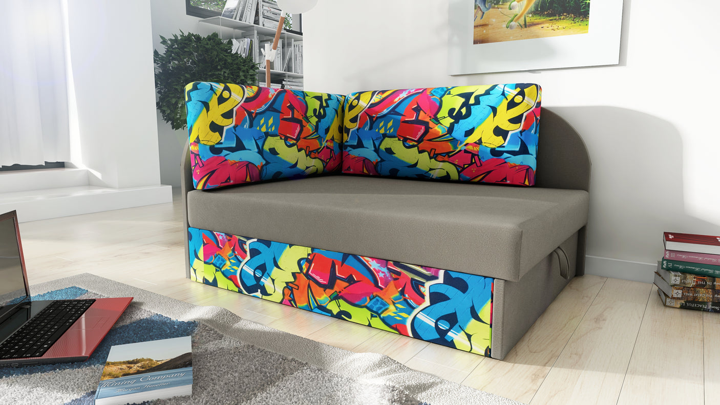 UNIVERSAL CORNER SOFA BED KUBUS CUBE GREY / GRAPHITI Children roomTHIS MODEL IS UNIVERSAL WHICH MEANS YOU CAN CHOOSE CORNER SIDE DURING ASSEMBLYCHILDREN CORNER SOFA BEDSOFKA NAROZNIK TAPCZANIK DZIECIECY - depth 77 cm- width 106 cm- height with bacon 50 cm