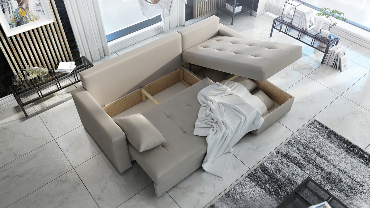 UNIVERSAL CORNER SOFA BED LOTUS 229CM BLUE KRONOS 09 2X STORAGE SPACE / FOAM 2X STORAGETHIS MODEL IS UNIVERSAL WHICH MEANS YOU CAN CHOOSE CORNER SIDE DURING ASSEMBLYSpecification made on foam construction made of board / pine wood / hdf satin plastic leg