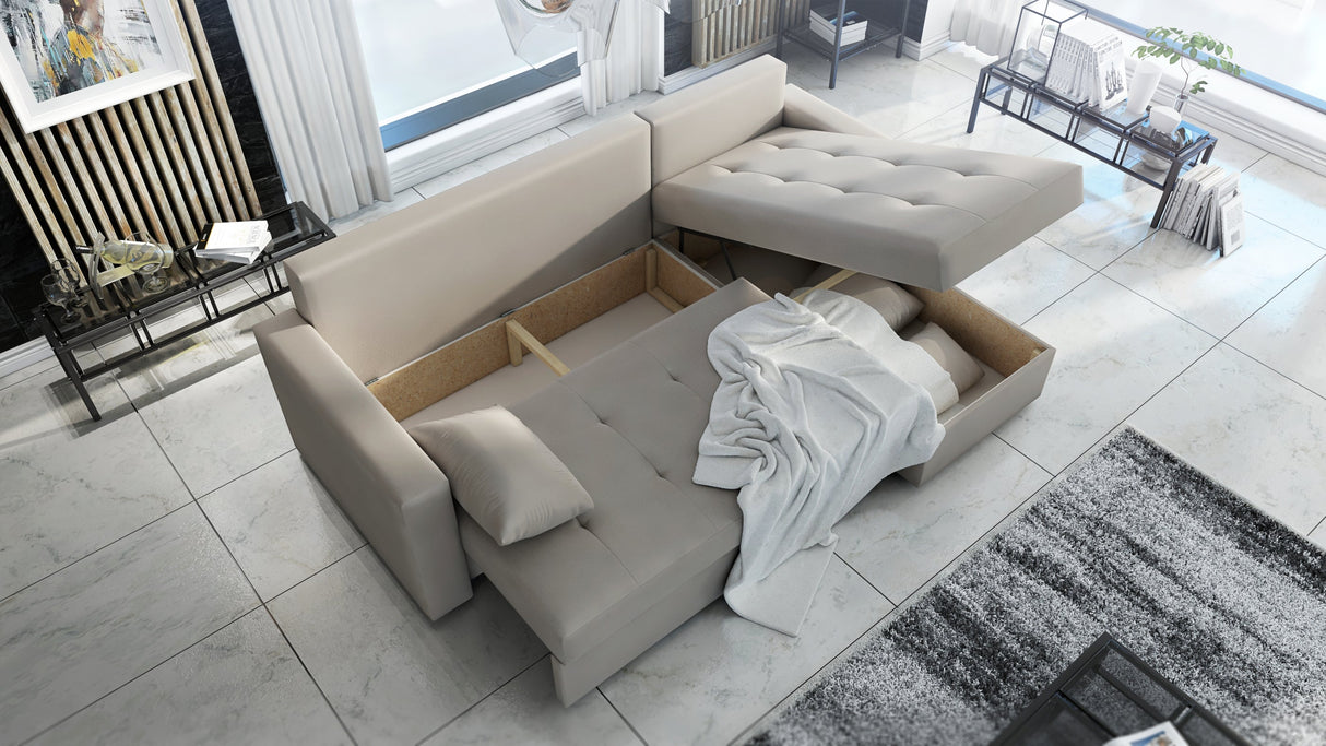 UNIVERSAL CORNER SOFA BED LOTUS 229CM GREEN KRONOS 19 2X STORAGE SPACE / FOAM 2X STORAGETHIS MODEL IS UNIVERSAL WHICH MEANS YOU CAN CHOOSE CORNER SIDE DURING ASSEMBLYSpecification made on foam construction made of board / pine wood / hdf satin plastic leg