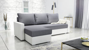 CORNER SOFA BED FOXY UNIVERSAL CORNER SAWANA 05 / WHITE FAUX LEATHER / FOAMTHIS MODEL IS UNIVERSAL WHICH MEANS YOU CAN CHOOSE CORNER SIDE DURING ASSEMBLY 1X Storage space 3X pillow includedzippered pillowshighly elastic foam t30/42sleeping functionunivers