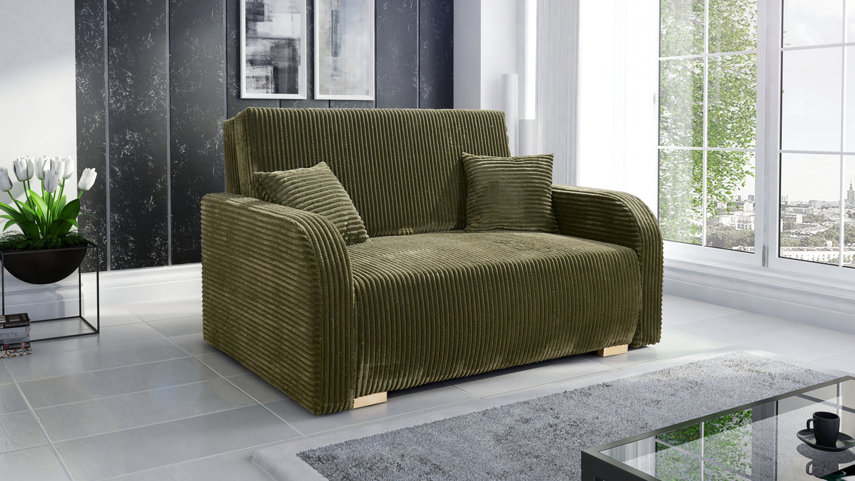 TWO SEATER SOFA BED LILY II 136CM / SPRINGS + FOAMDimensions:- width 136 cm- height 85 cm- depth 95 cm- sleeping area 113x195 cm Made on a solid wooden frame made of pine, the structure will allow for long-term and trouble-free use Sleeping function - the