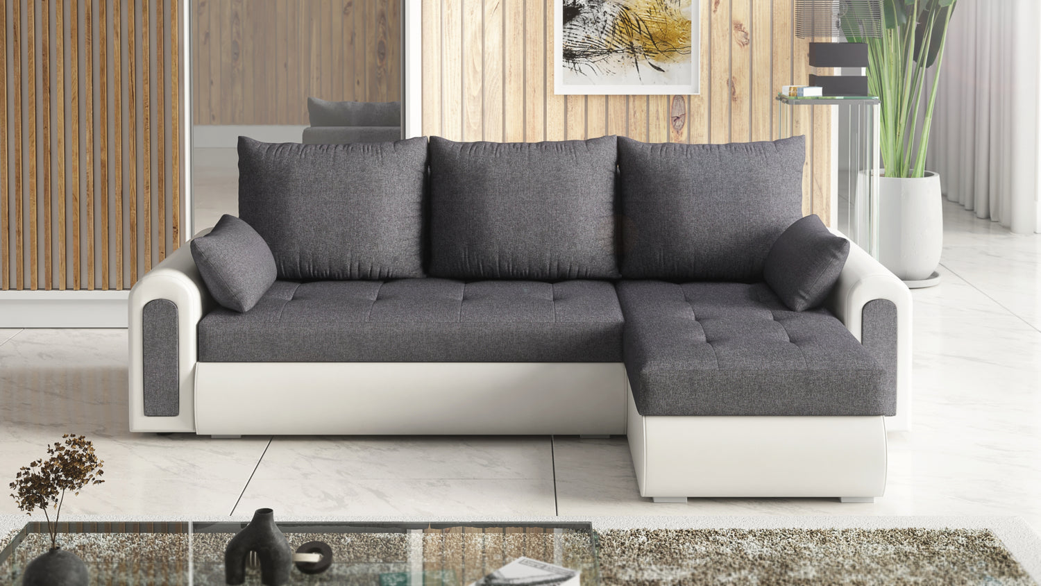 UNIVERSAL CORNER SOFA BED ECO 240CM GREY/WHITE FAUX LEATHER BERLIN 01 / MADRYT 920 2X STORAGETHIS MODEL IS UNIVERSAL WHICH MEANS YOU CAN CHOOSE CORNER SIDE DURING ASSEMBLY Specifications: frame made of pine wood and furniture board (synee) Seats are made