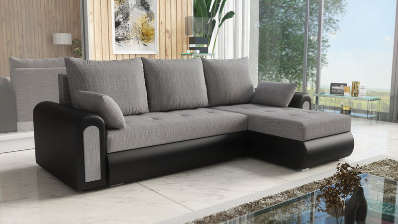 UNIVERSAL CORNER SOFA BED ECO 240CM GREY/BLACK FAUX LEATHER BERLIN 01 / MADRYT 9100 2X STORAGE