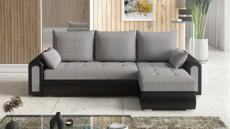 UNIVERSAL CORNER SOFA BED ECO 240CM GREY/BLACK FAUX LEATHER BERLIN 01 / MADRYT 9100 2X STORAGE