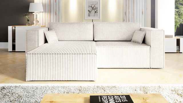CORNER SOFA BED OTTO TILIA 255CM UNIVERSAL CORNEROTTO corner sofacontainer dimensions:• length: 97 cm,• width: 62 cm,• height: 24 cm.Sleeping function:width 205 cmdepth 125 cm/ 138 cmpackaging:sides: 95/50/73 28 kgdouble + backrest: 62/78/103 39 kgottoman