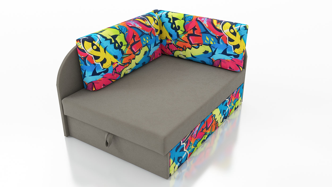 UNIVERSAL CORNER SOFA BED KUBUS CUBE GREY / GRAPHITI Children roomTHIS MODEL IS UNIVERSAL WHICH MEANS YOU CAN CHOOSE CORNER SIDE DURING ASSEMBLYCHILDREN CORNER SOFA BEDSOFKA NAROZNIK TAPCZANIK DZIECIECY - depth 77 cm- width 106 cm- height with bacon 50 cm
