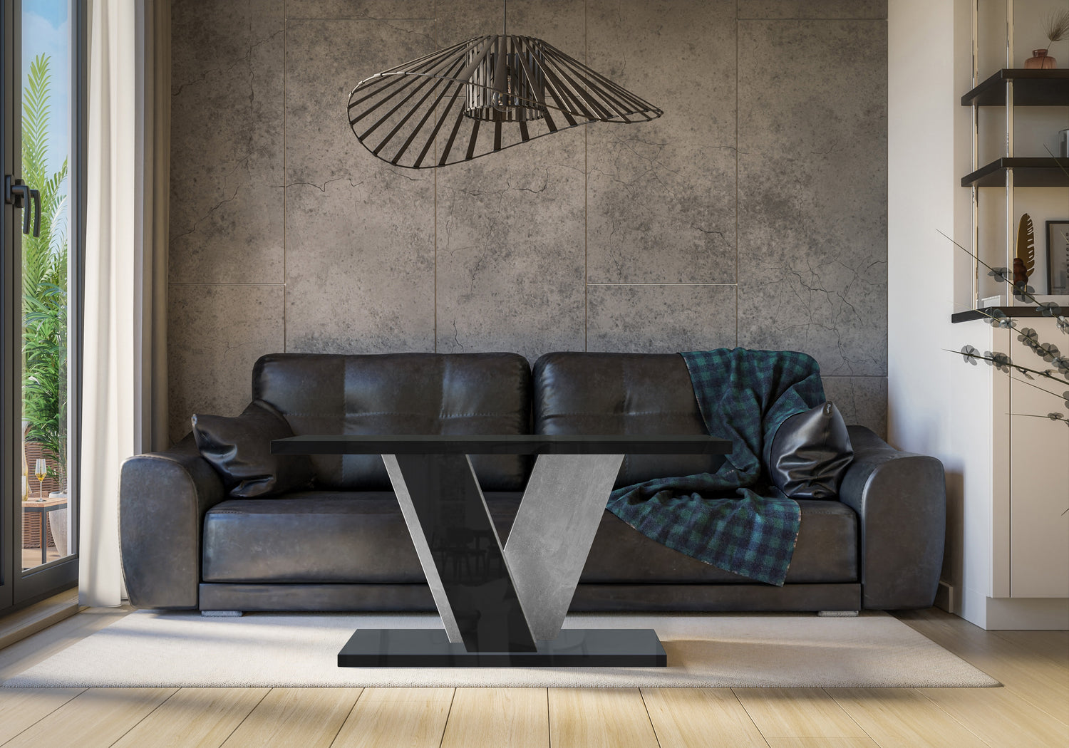 COFFEE TABLE VINEY BLACK GLOSS / STONE GREYCoffee Table Viney Black Gloss / Stone The COFFEE TABLE VINEY brings a distinct and contemporary look to any space. Its unconventional design adds a fresh and airy feel to your home decor. Perfect for the dining