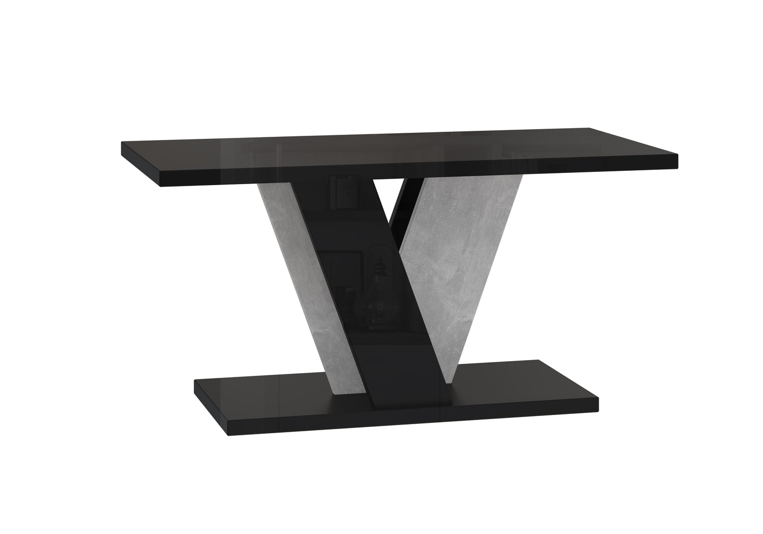 COFFEE TABLE VINEY BLACK GLOSS / STONE GREYCoffee Table Viney Black Gloss / Stone The COFFEE TABLE VINEY brings a distinct and contemporary look to any space. Its unconventional design adds a fresh and airy feel to your home decor. Perfect for the dining
