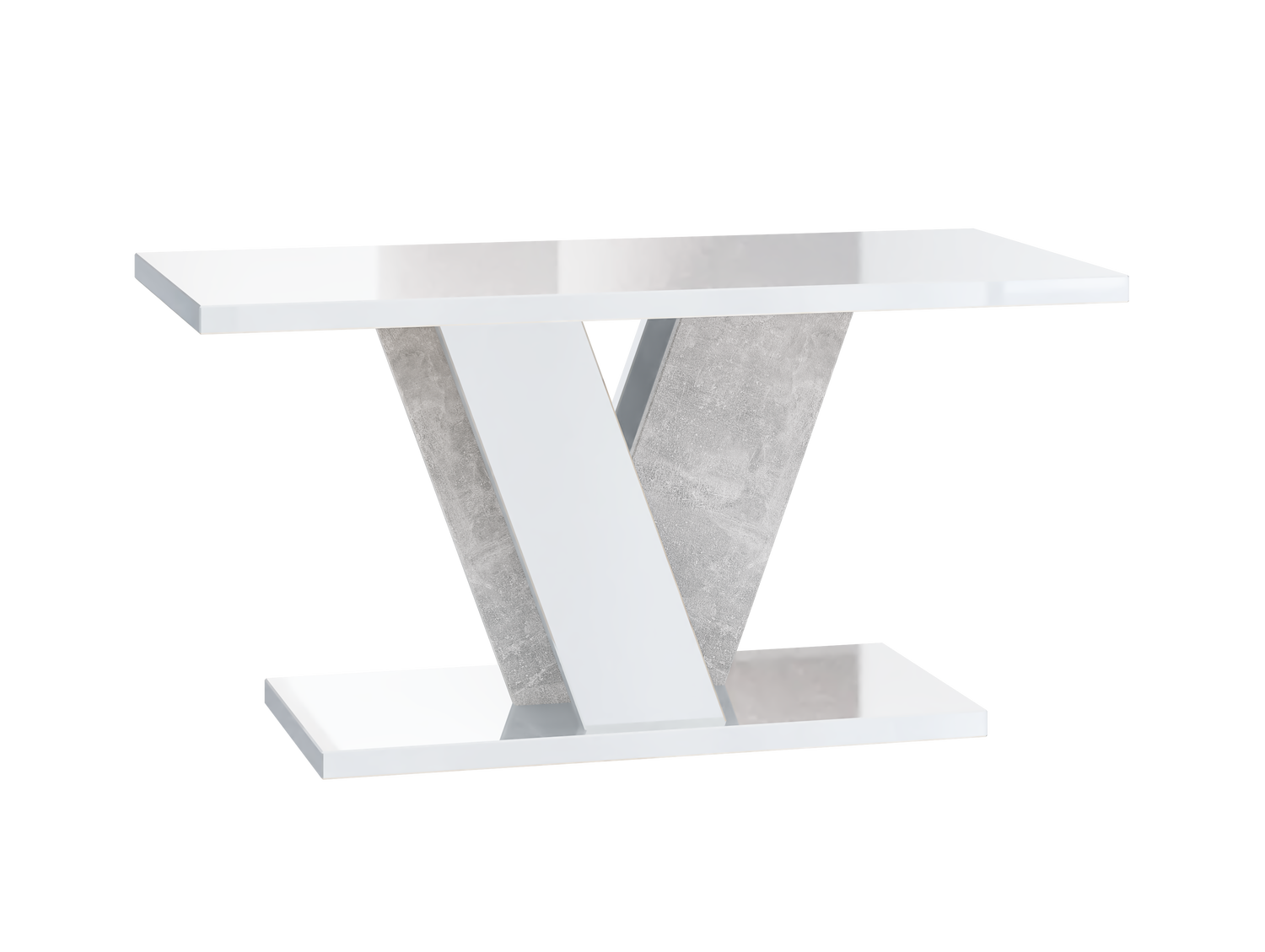 COFFEE TABLE VINEY WHITE GLOSS / STONE GREYCoffee Table Viney White Gloss / Stone Grey The COFFEE TABLE VINEY brings a distinct and contemporary look to any space. Its unconventional design adds a fresh and airy feel to your home decor. Perfect for the di