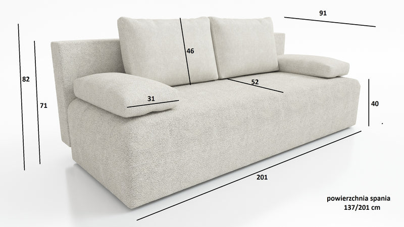 NEW!! SOFA BED ZOYA 201cm POSO 105Dimensions: sleeping area 137x201 cm width 201 cm depth 91 cm height to the seat 40 cm * dimensions given with a tolerance of +/- 3 cm Execution: • frame: pine wood + board chipboard, • unfolding system: AUTOMAT DL • seat