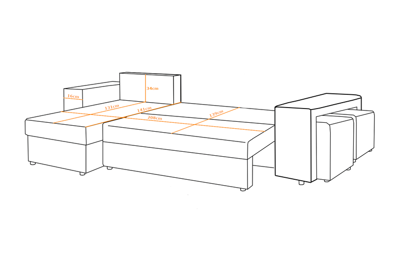 CORNER SOFA BED LEON 255CM 2X STORAGE SPACE UNIVERSAL CORNER RIGHT/LEFT CORNER / BONELL SPRINGS + FOAMFEATURES:BONELL SPRINGS + T28 FOAM 3 X LARGE BACKREST PILLOWS 2X STORAGE SPACE 2X STOOLBed-folding function DL SYSTEM (The unfolding process involves gen