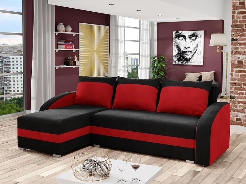 CORNER SOFA BED VELVET BLACK / RED 236cm