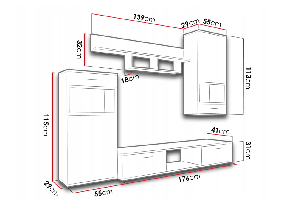TV WALL UNIT MAXI WhiteOverall dimensions of the wall unit: 2300 x 2000 x 402mm (W x H x D)Number of packages: 2Front:- 15mm white laminated board- melamine rim- glass with a black print- handle: 128mm plasticBody:- 15mm white laminated board- melamine ri
