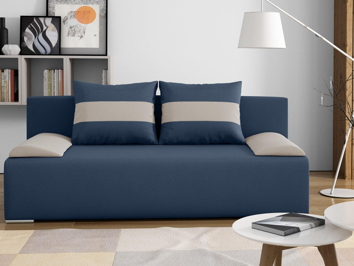 SOFA BED VERA 197CM BLUE/BEIGE / FOAMMADE IN INARI FABRIC CLICK HEREThe couch is made of high-quality materials. Its solid frame is made of solid wood and furniture board.The seat and backrest are made of first-class foam, which makes it relatively resist