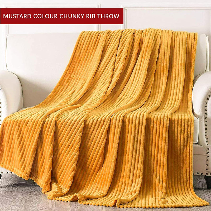 Chunky Ribbed Throw Blankets 200x240 100% Polyester - Cozy & Warm - Perfect Blankets for Bed, Sofa, Couch MUSTARD