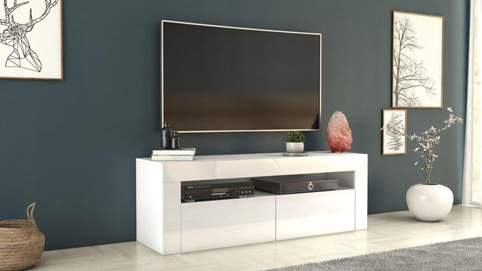 TV STAND DACO 2 WHITE GLOSS FRONTS 140CMDepth: 40 cmWidth: 140 cmHeight: 45 cmhttps://cdn.shopify.com/s/files/1/2162/9827/files/RTV_RUMBA_120-140_27.04.2020.PDF?v=1667516476Minimalist designThe cabinet has 2 functional and roomy storage compartments.The f