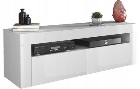 TV STAND DACO 2 WHITE GLOSS FRONTS 140CMDepth: 40 cmWidth: 140 cmHeight: 45 cmhttps://cdn.shopify.com/s/files/1/2162/9827/files/RTV_RUMBA_120-140_27.04.2020.PDF?v=1667516476Minimalist designThe cabinet has 2 functional and roomy storage compartments.The f