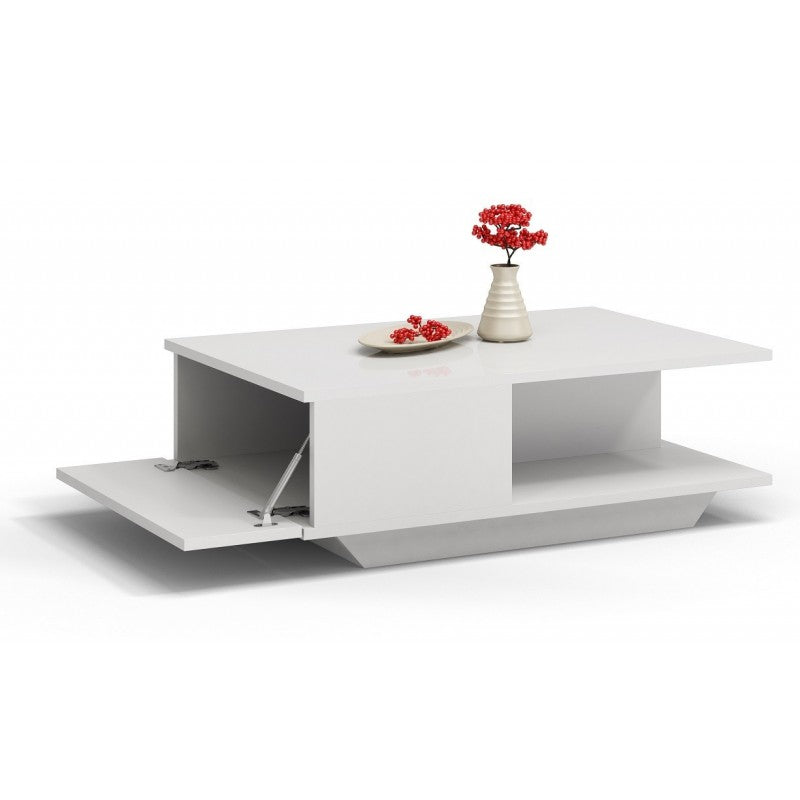 COFFEE TABLE DENVER WHITE MATT TOP AND DRAW FRONT 60x90cmDIMENSIONS:Width: 60 cmHeight: 42 cmDepth: 90 cm Table top: 60 x 90 cm Tabletop thickness: 16 mmMATERIAL: 16mm laminated chipboard.With TIP-ON, the glove box door without a handle can be opened easi