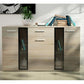 SIDEBOARD SALSA SONOMA LED LIGHTS OPTIONAL 140CMDimensions: 1404 x 800 x 402mm (W x H x D)Number of packages: 2Front:- 15mm white laminated board- melamine rim- glass with a black print- handle: 128mm plasticBody:- 15mm white laminated board- melamine rim