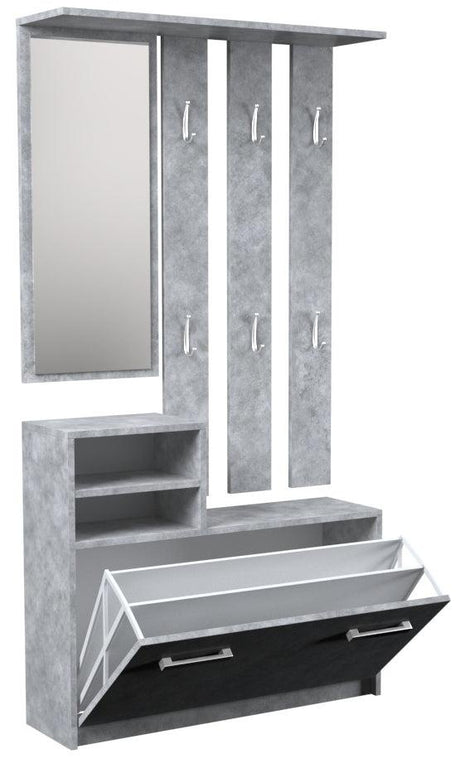 HALLWAY HANGER WITH MIRROR + SHOE CABINET WHITEPRACTICAL SET FOR HALLWAY HANGER WITH MIRROR+ SHOE CABINET 6 clothes hangers practical shelf big mirror you adjust the height of the hanger at your own discretion convenient handles for opening the door shoe