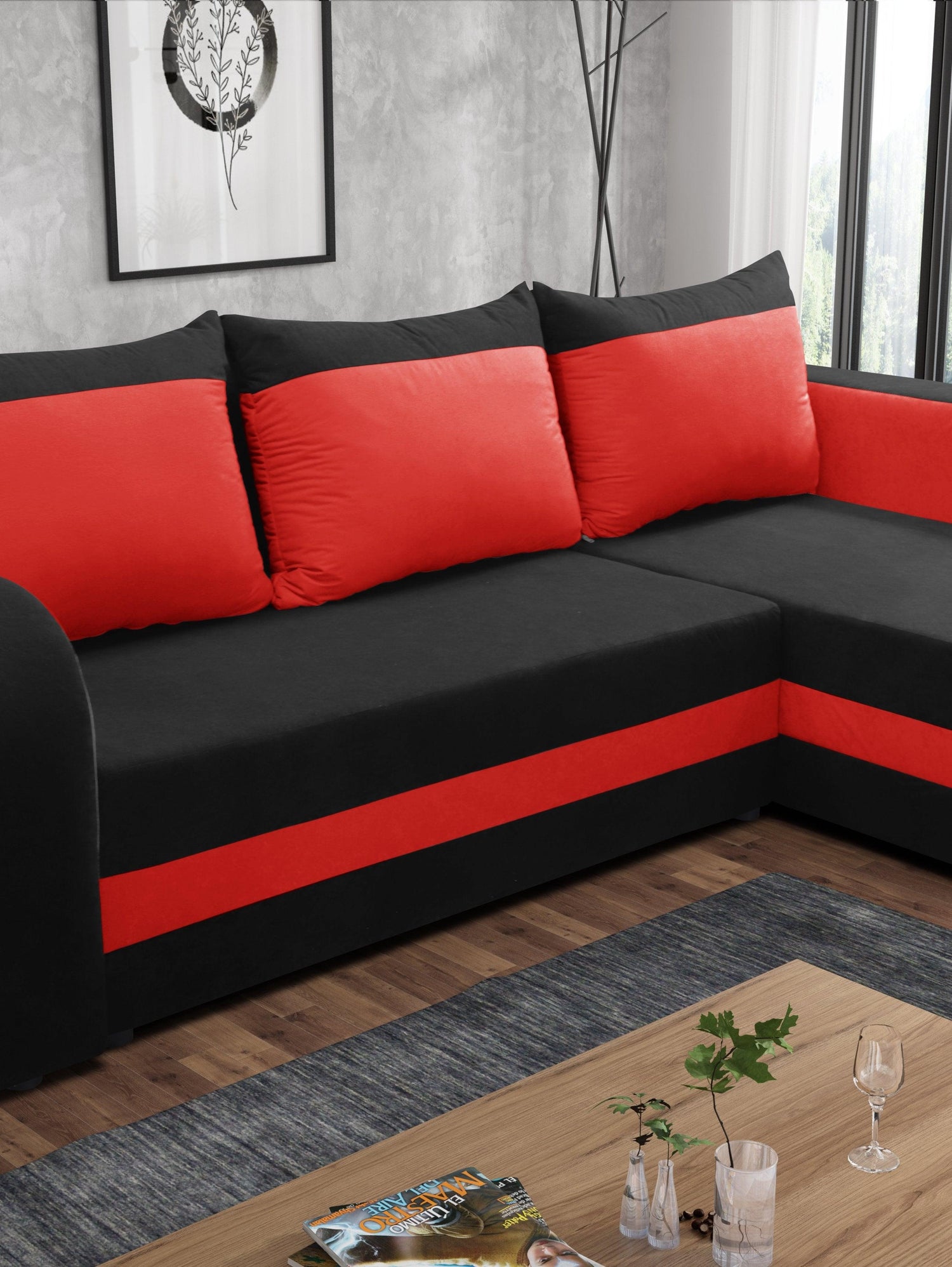 CORNER SOFA BED ALEXA BLACK / RED 238cm universal RIGHT/LEFT CORNER / FOAMTHIS MODEL IN UNIVERSAL WHICH MEANS YOU CAN CHOOSE CORNER SIDE DURING ASSEMBLY3x PILLOWS INCLUDED1X STORAGE SPACESLEEPING FUNCTIONDIMENTIONSWidth: 238 cmDepth: 140cmSleeping area: 2