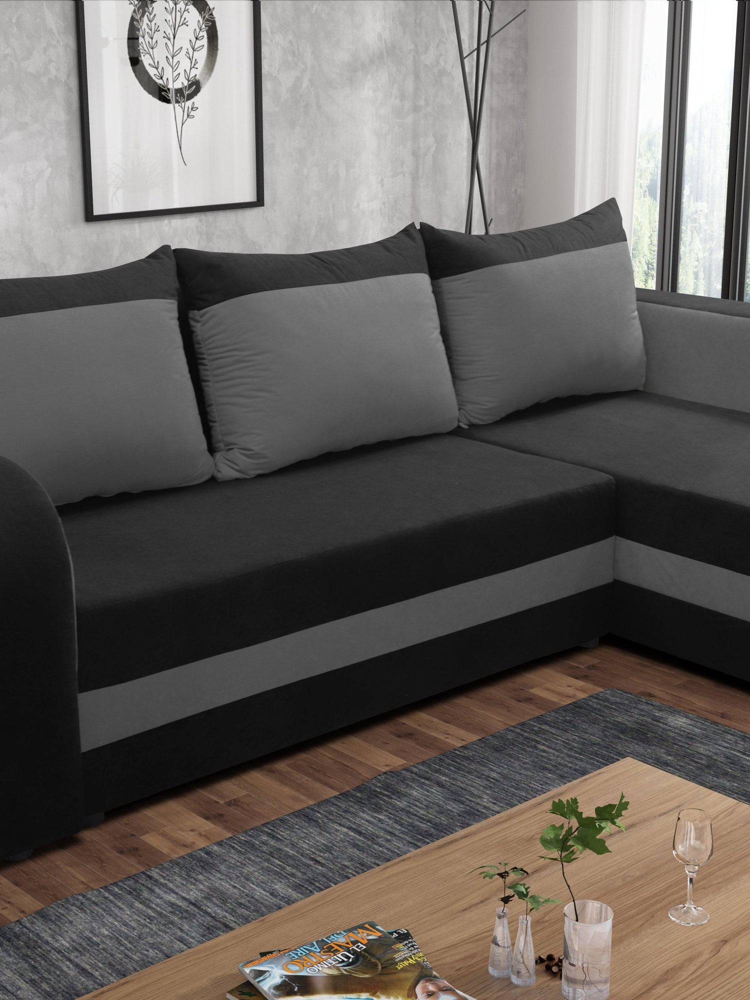 CORNER SOFA BED ALEXA BLACK / DARK GREY 238cm universal RIGHT/LEFT CORNER / FOAMTHIS MODEL IN UNIVERSAL WHICH MEANS YOU CAN CHOOSE CORNER SIDE DURING ASSEMBLY3x PILLOWS INCLUDED1X STORAGE SPACESLEEPING FUNCTIONDIMENTIONSWidth: 238 cmDepth: 140cmSleeping a