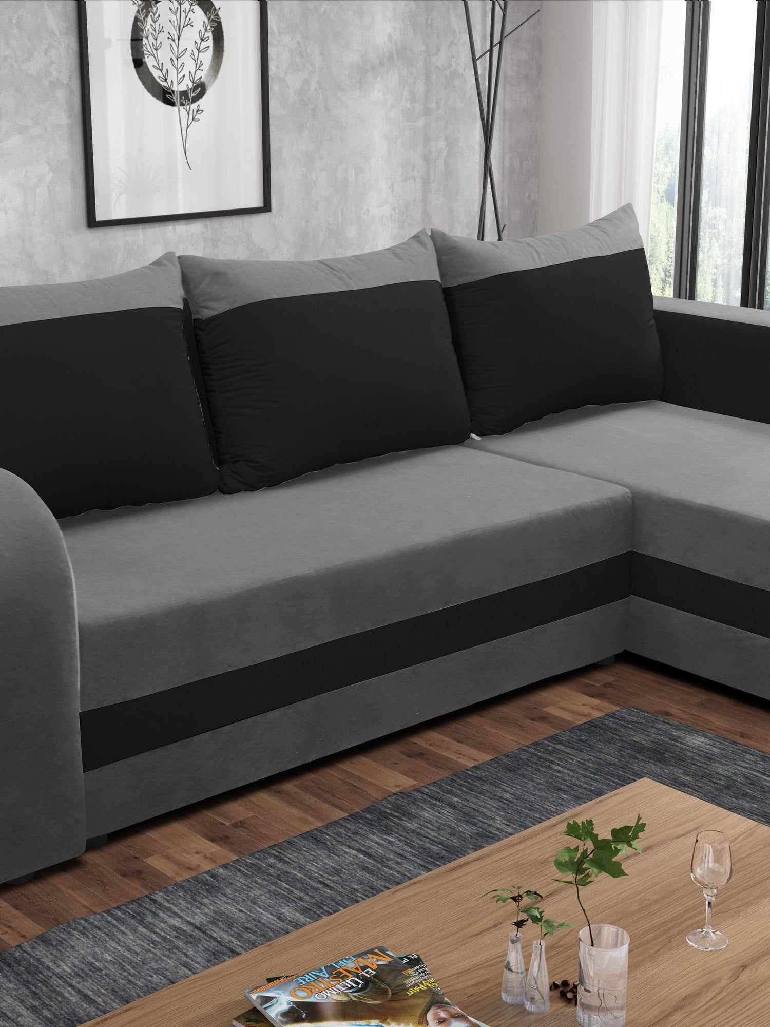 CORNER SOFA BED ALEXA GREY / BLACK 238cm universal RIGHT/LEFT CORNER / FOAMTHIS MODEL IN UNIVERSAL WHICH MEANS YOU CAN CHOOSE CORNER SIDE DURING ASSEMBLY3x PILLOWS INCLUDED1X STORAGE SPACESLEEPING FUNCTIONDIMENTIONSWidth: 238 cmDepth: 140cmSleeping area: