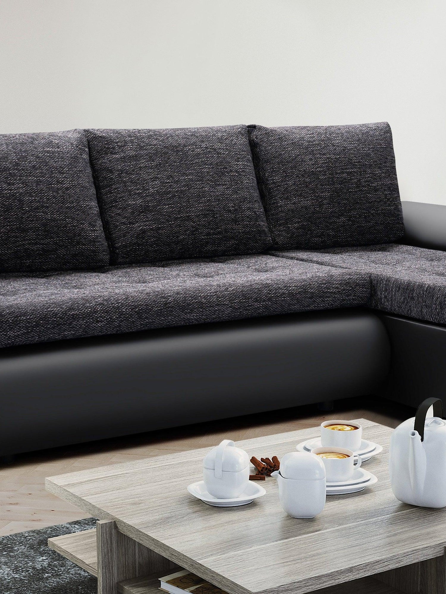 CORNER SOFA BED PRADO LAWA 6/11 226CM / SPRINGS + FOAMSEAT AND CUSHIONS MADE IN LAWA FABRIC CLICK HERE BOTTOM AND SIDES MADE ON FAUX LEATHER SOFT CLICK HERECORNER SOFA BED PRADAWAVY SPRINGSFOAM T30SLEEPING FUNCTIONDIMENSTIONS:WIDTH: 226cmDEPTH: 152CMHEIGH