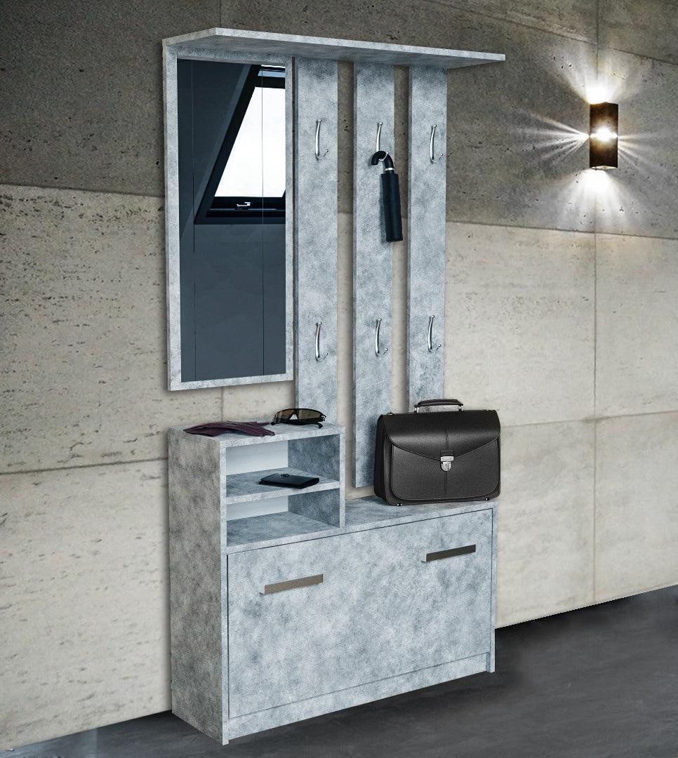 HALLWAY HANGER WITH MIRROR + SHOE CABINET GREYPRACTICAL SET FOR HALLWAY HANGER WITH MIRROR+ SHOE CABINET 6 clothes hangers practical shelf big mirror you adjust the height of the hanger at your own discretion convenient handles for opening the door shoe c