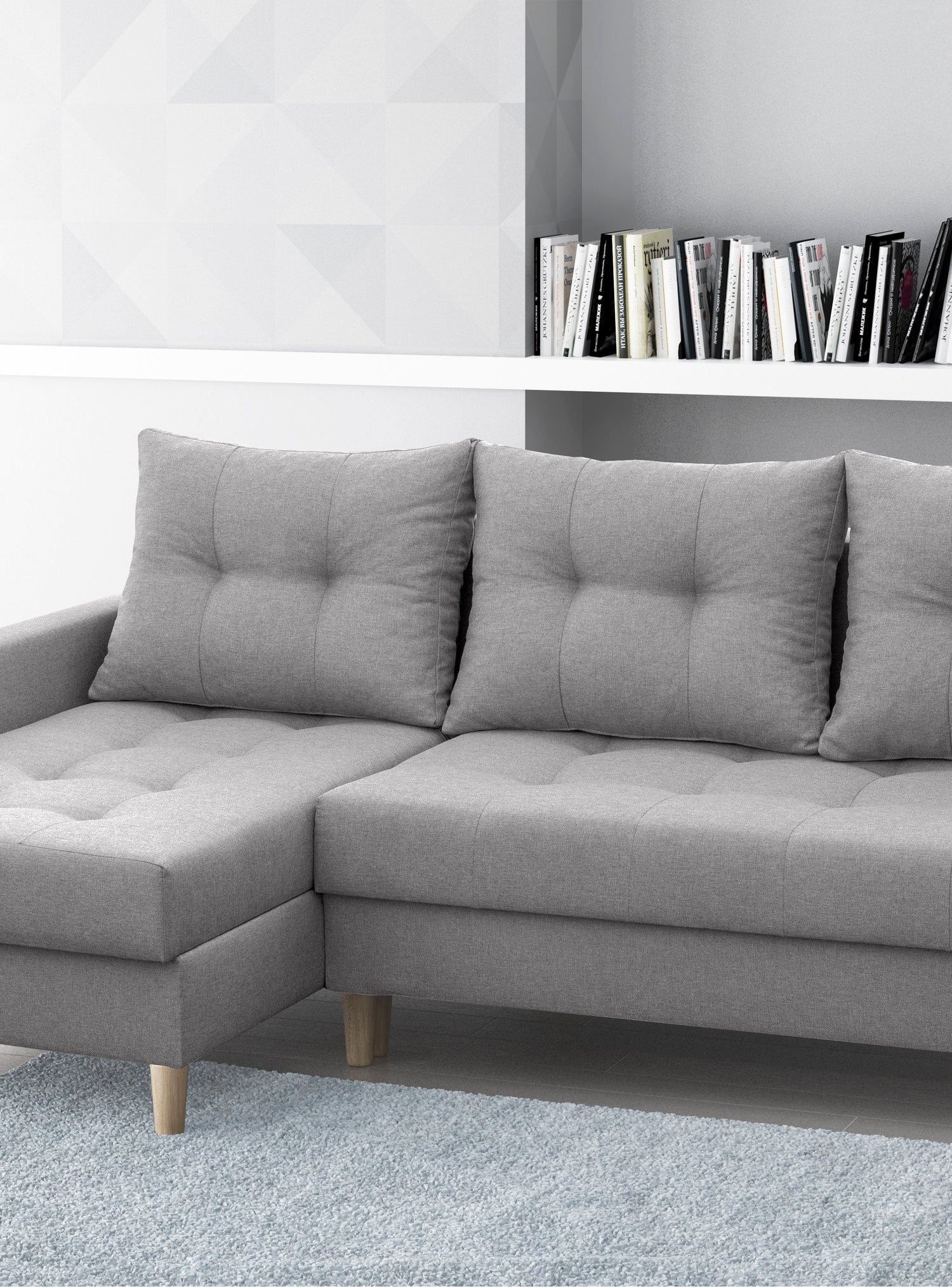 CORNER SOFA BED BRIAN 222x140CM 2X STORAGE SPACE Universal CORNER RIGHT/LEFT / BONELL SPINGS + FOAMTHIS MODEL IS UNIVERSAL WHICH MEANS YOU CAN CHOOSE CORNER SIDE DURING ASSEMBLYMADE IN MALMO FABRIC CLICK HERE3x PILLOWS INCLUDED2X STORAGE SPACEWOODEN LEGSP