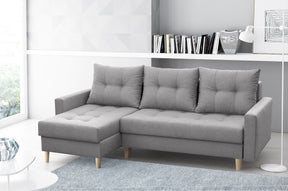 CORNER SOFA BED BRIAN 222x140CM 2X STORAGE SPACE Universal CORNER RIGHT/LEFT / BONELL SPINGS + FOAMTHIS MODEL IS UNIVERSAL WHICH MEANS YOU CAN CHOOSE CORNER SIDE DURING ASSEMBLYMADE IN MALMO FABRIC CLICK HERE3x PILLOWS INCLUDED2X STORAGE SPACEWOODEN LEGSP