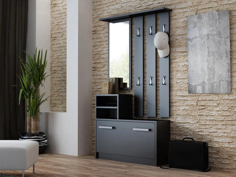 HALLWAY HANGER WITH MIRROR + SHOE CABINET BLACKPRACTICAL SET FOR HALLWAY HANGER WITH MIRROR+ SHOE CABINET 6 clothes hangers practical shelf big mirror you adjust the height of the hanger at your own discretion convenient handles for opening the door shoe