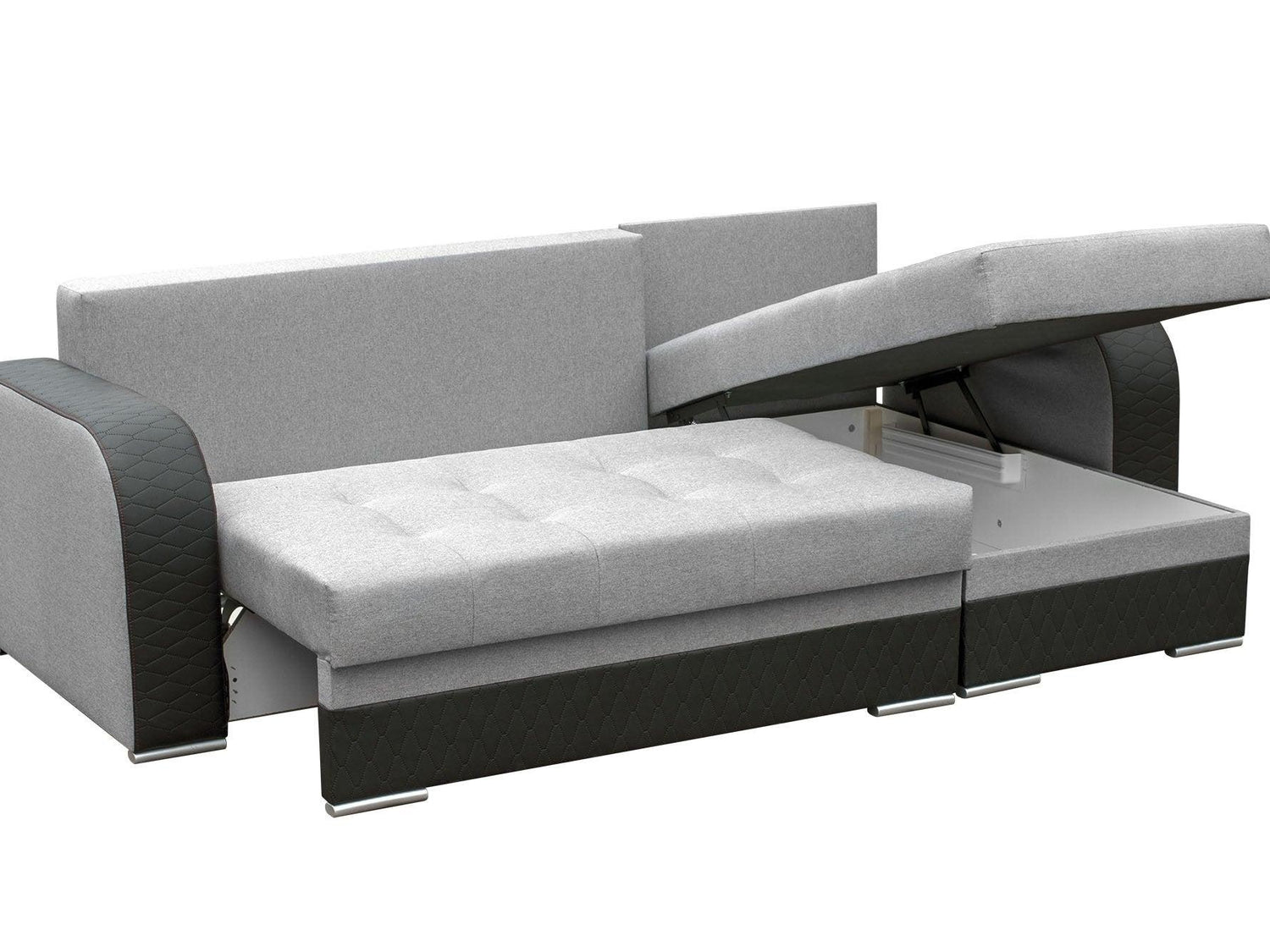 CORNER SOFA BED SAM GREY /BLACK 236CM 2X STORAGE SPACE universal RIGHT/LEFT CORNER / BONELL SPRINGS + FOAMTHIS MODEL IS UNIVERSAL WHICH MEANS YOU CAN CHOOSE CORNER SIDE DURING ASSEMBLY3x PILLOWS INCLUDED2X STORAGE SPACE BONELL SPRINGS + FOAM - length: 236