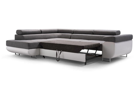 CORNER SOFA BED ASH 273CM GREY/WHITE / SPRINGS + FOAMWavy springs + foam CHOICE OF COLOR Large sleeping areaSEAT AND CUSHIONS MADE IN LUX FABRIC CLICK HERE BOTTOM AND SIDES MADE OF FAUX LEATHER SOFT CLICK HERE Dimensions W: 273cm D:203cm H: 90cm Sleeping