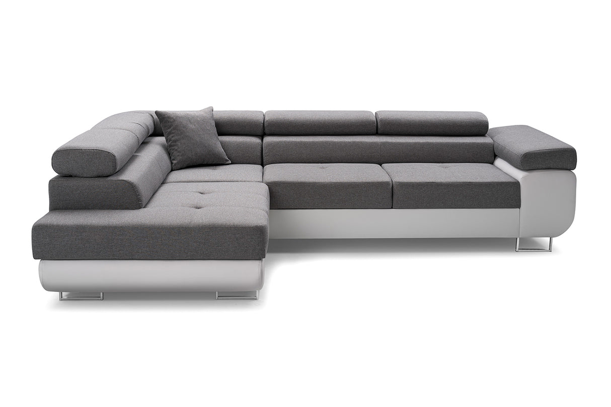 CORNER SOFA BED ASH 273CM BROWN/WHITE FAUX LEATHER / SPRINGS + FOAMWavy springs + foam CHOICE OF COLOR Large sleeping areaSEAT AND CUSHIONS MADE IN LUX FABRIC CLICK HERE BOTTOM AND SIDES MADE OF FAUX LEATHER SOFT CLICK HERE Dimensions W: 273cm D:203cm H: