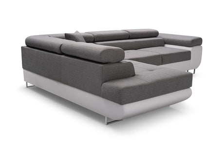 CORNER SOFA BED ASH 273CM BROWN/WHITE FAUX LEATHER / SPRINGS + FOAMWavy springs + foam CHOICE OF COLOR Large sleeping areaSEAT AND CUSHIONS MADE IN LUX FABRIC CLICK HERE BOTTOM AND SIDES MADE OF FAUX LEATHER SOFT CLICK HERE Dimensions W: 273cm D:203cm H: