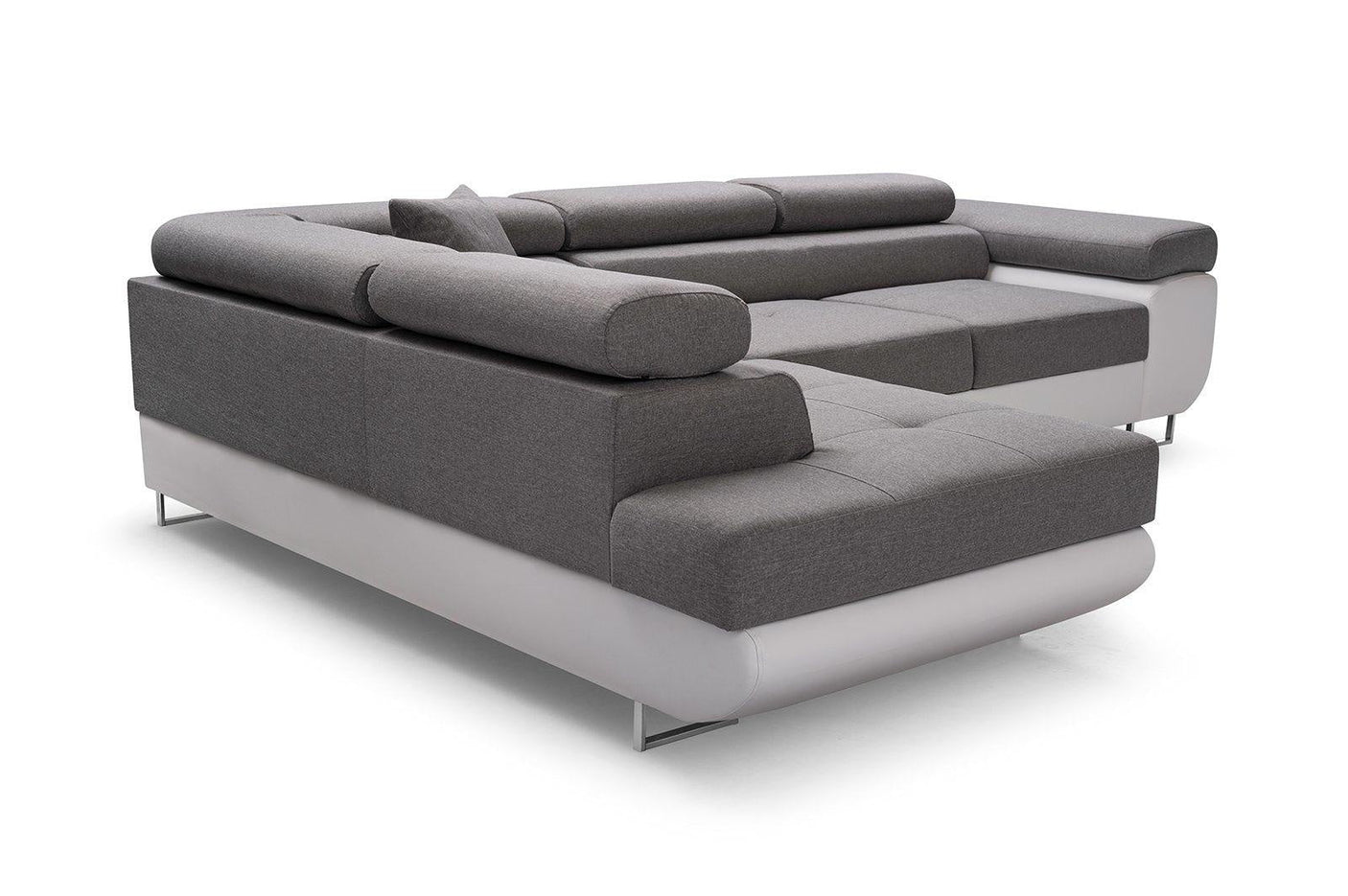 CORNER SOFA BED ASH 273CM GREY/WHITE / SPRINGS + FOAMWavy springs + foam CHOICE OF COLOR Large sleeping areaSEAT AND CUSHIONS MADE IN LUX FABRIC CLICK HERE BOTTOM AND SIDES MADE OF FAUX LEATHER SOFT CLICK HERE Dimensions W: 273cm D:203cm H: 90cm Sleeping