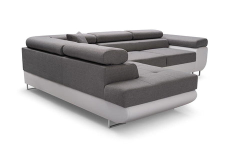 CORNER SOFA BED ASH 273CM GREY/WHITE / SPRINGS + FOAMWavy springs + foam CHOICE OF COLOR Large sleeping areaSEAT AND CUSHIONS MADE IN LUX FABRIC CLICK HERE BOTTOM AND SIDES MADE OF FAUX LEATHER SOFT CLICK HERE Dimensions W: 273cm D:203cm H: 90cm Sleeping