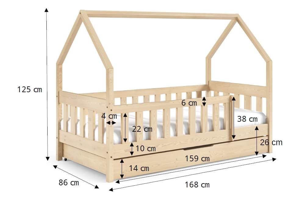 HOUSE SHAPE SOLID PINE BED LAYLA 168x86cm WITH DRAW AND MATTRESSThe bed is made entirely of FSC-certified pine wood, covered with three layers of varnish safe for children. The timeless design will make the bed also a place to play! The removable safety b