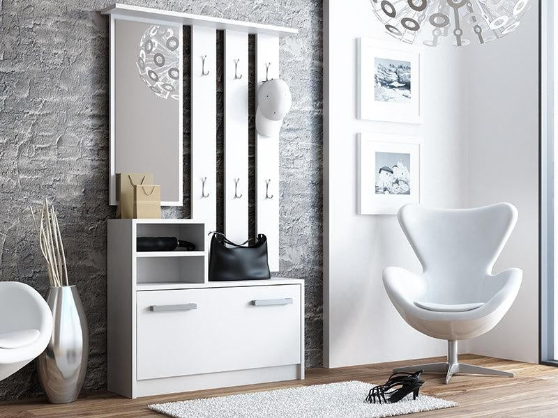 HALLWAY HANGER WITH MIRROR + SHOE CABINET WHITEPRACTICAL SET FOR HALLWAY HANGER WITH MIRROR+ SHOE CABINET 6 clothes hangers practical shelf big mirror you adjust the height of the hanger at your own discretion convenient handles for opening the door shoe