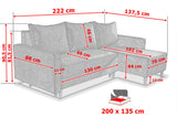 NEW! CORNER SOFA BED SNUGGY 222CM CHOICE OF 41 COLORS UNIVERSAL CORNER RIGHT/LEFT / FOAMTHIS MODEL IS UNIVERSAL WHICH MEANS YOU CAN CHOOSE CORNER SIDE DURING ASSEMBLY3x PILLOWS INCLUDED1X STORAGE SPACESOFT TOUCH FABRC MANILA CLICK HERE DIMENTIONS222X137.5