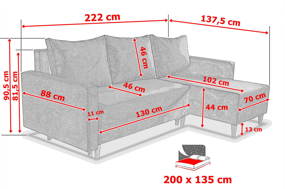 NEW! CORNER SOFA BED SNUGGY 222CM MANILA 35 UNIVERSAL CORNER RIGHT/LEFT / FOAMTHIS MODEL IS UNIVERSAL WHICH MEANS YOU CAN CHOOSE CORNER SIDE DURING ASSEMBLY3x PILLOWS INCLUDED1X STORAGE SPACESOFT TOUCH FABRC MANILA CLICK HERE DIMENTIONS 222X137.5CM SLEEPI