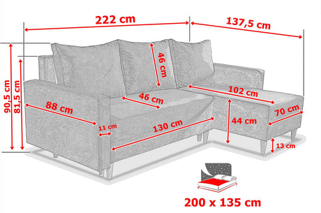NEW! CORNER SOFA BED SNUGGY 222CM MANILA 35 UNIVERSAL CORNER RIGHT/LEFT / FOAMTHIS MODEL IS UNIVERSAL WHICH MEANS YOU CAN CHOOSE CORNER SIDE DURING ASSEMBLY3x PILLOWS INCLUDED1X STORAGE SPACESOFT TOUCH FABRC MANILA CLICK HERE DIMENTIONS 222X137.5CM SLEEPI
